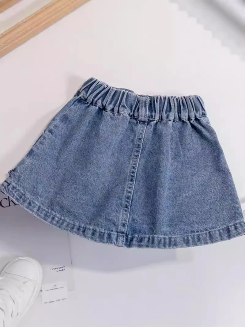 2026 Summer 12M-6Y Childrens Clothes Single-row Button Decoration Denim Skirt with Ruffled Pocket Elastic Waist