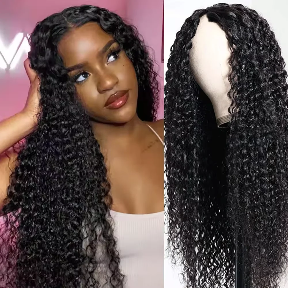 Perruque en V à clipser en cheveux humains, bouclée à ondulations profondes, style Water Wave, couleur naturelle, pour femmes noires