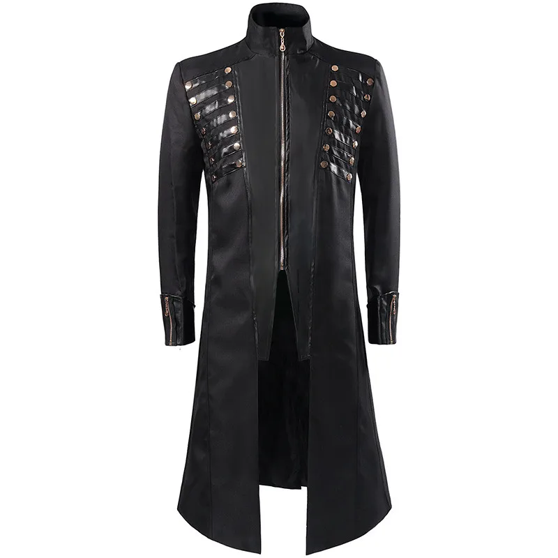 

Gothic Sle Tailored Coat loween Costume Punk Long Coat Leather Patchwork Stand Collar Rivet Decorated Youth Faion Urba...