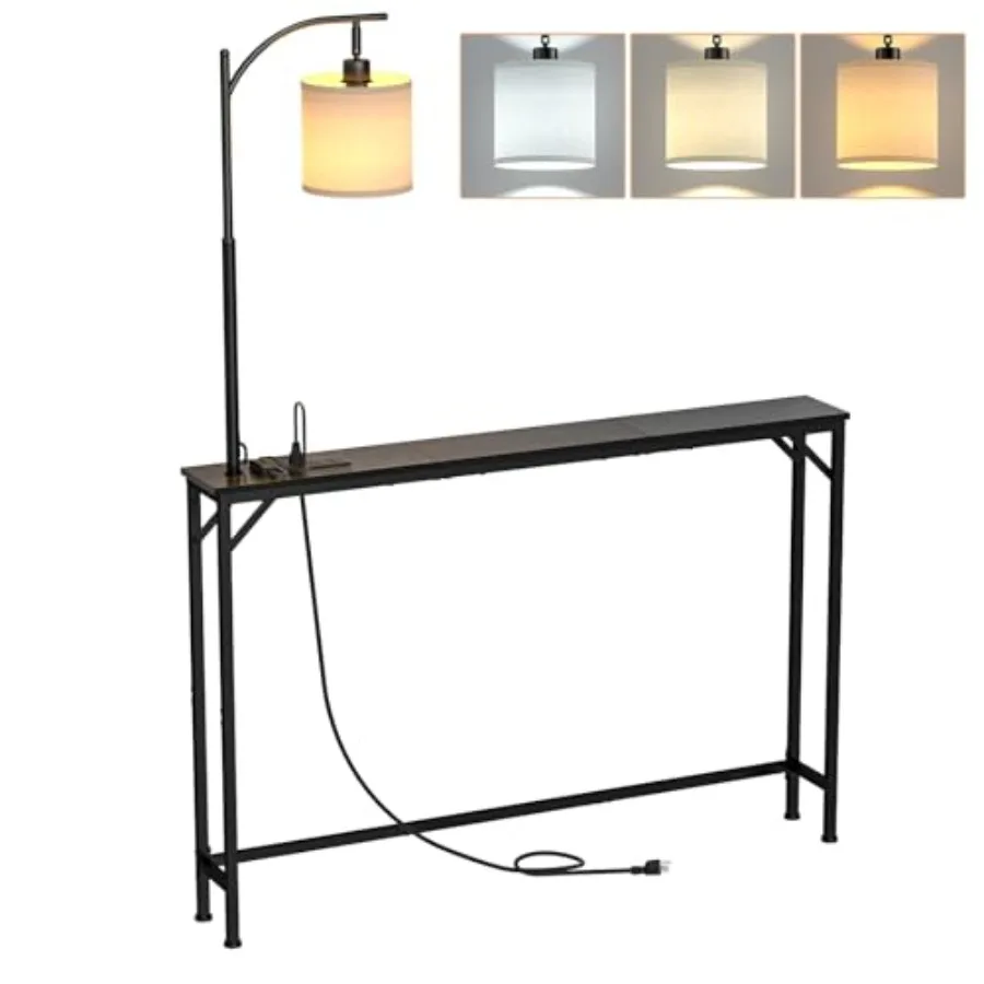 Narrow console table with 3-color LED light outlet, 31 H skinny sofa table for living room, bedroom, entryway, hallway; black m