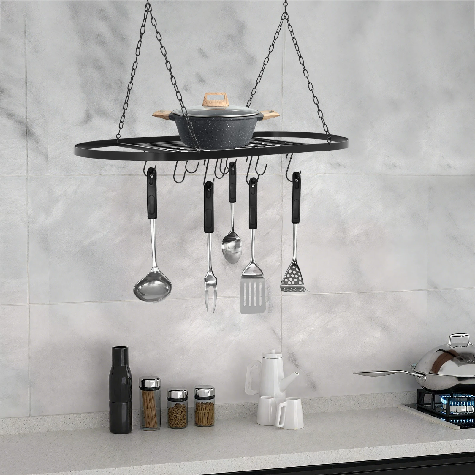 

Black Hanging Pot Rack for Kitchen - Overhead Cookware Organizer with Hooks, Saves Space & Stores Pots, Pans & Utensils