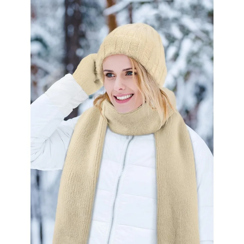 الشتاء قبعة قبعة وشاح قفازات، الدافئة الصوف متماسكة قبعة وشاح طويل الرقبة أدفأ شاشة تعمل باللمس قفازات الشتاء مجموعة هدايا للنساء