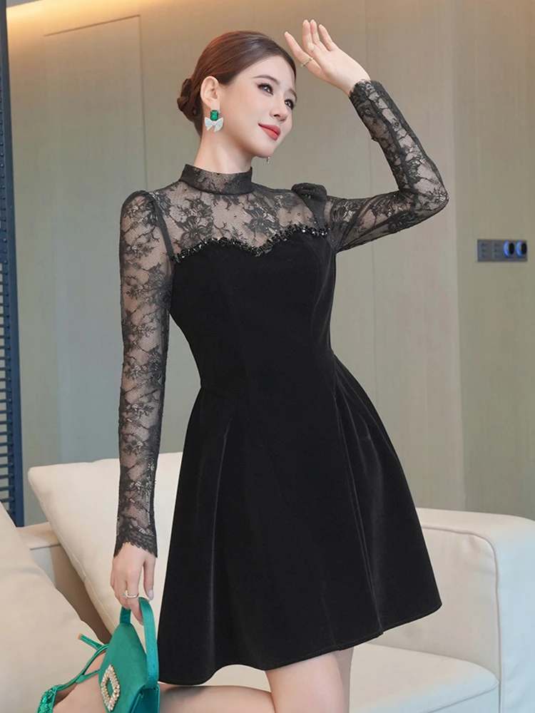 وهمية 2 قطعة الأسود مساء ملابس حريمي الدانتيل شير مثير كم طويل سليم ألف خط فستان قصير أنيق سيدة حفلة عيد ميلاد Vestido
