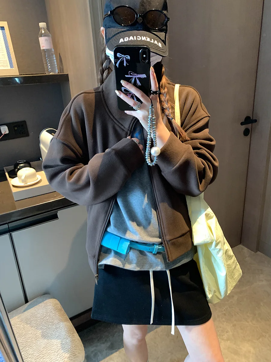 

Spring women's soft and skin friendly simple Korean version stand up collar sports and leisure style hoodie jacket