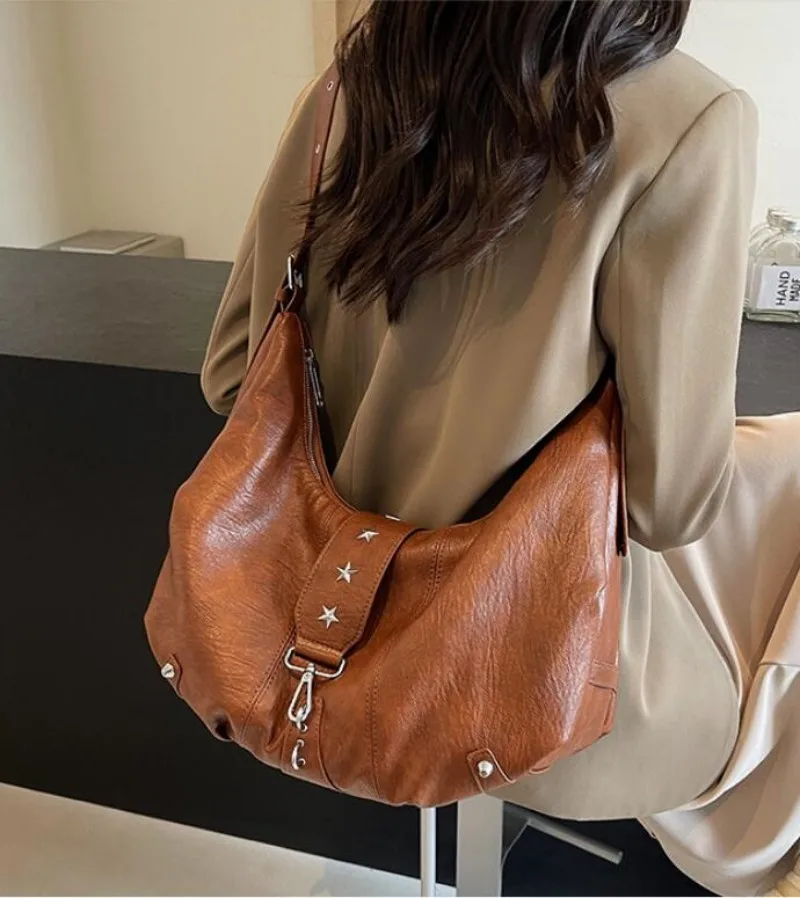 

Spicy Girl One Shoulder Crossbody Bag women's Vintage PU Leather Soft Leather Motorcycle Bag Large Capacity Bag Shopping Bag