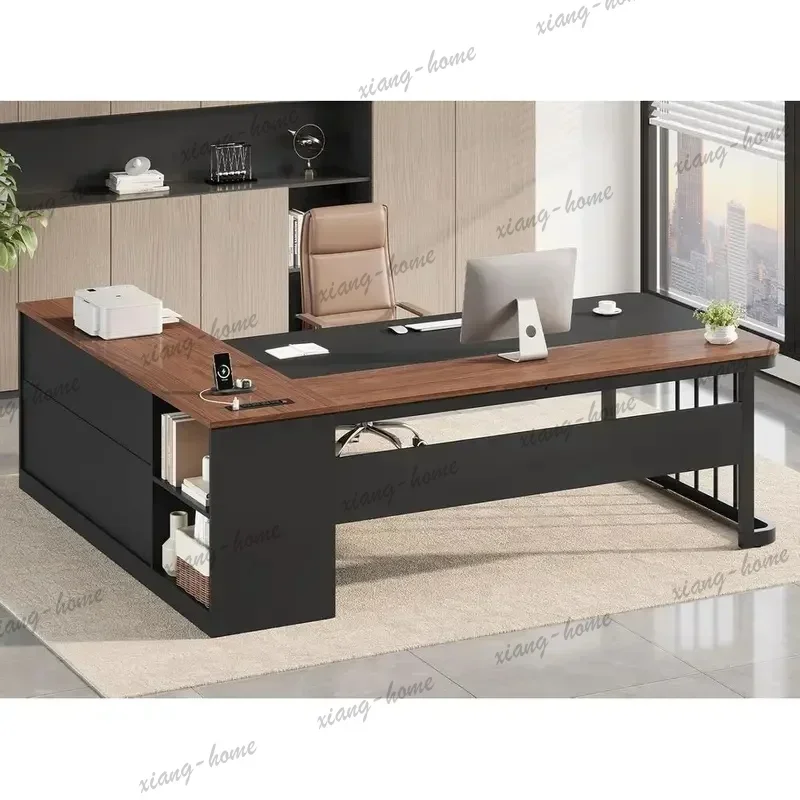 LD High Quality Large L-Shaped Walnut Executive Desk with Drawers Storage Shelves Power Outlets for Home Office