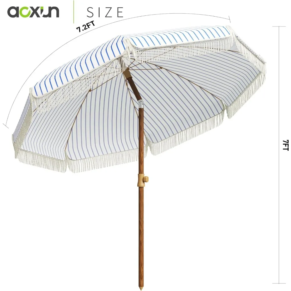 Aoxun-Guarda-chuva do pátio com franja, Guarda-chuva de piquenique ao ar livre, Pólo de aço, Botão, Tilt and Carry Bag, Costelas, Proteção UV 50 +, 7ft