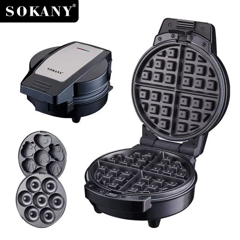 

3 in 1 Waffle Maker Iron Set with 3 Removable Non-Stick Plates, Donut machine, Cartoon cake plate, Breakfast Sandwich Maker