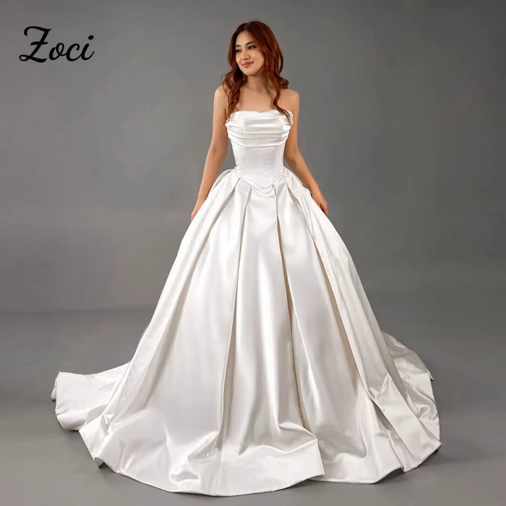 

Zoci Princess A Line Luxury Satin Wedding Dresses Photo Shoot Korea Strapless Ball Gown Bridal Wedding Snap Dress Customized