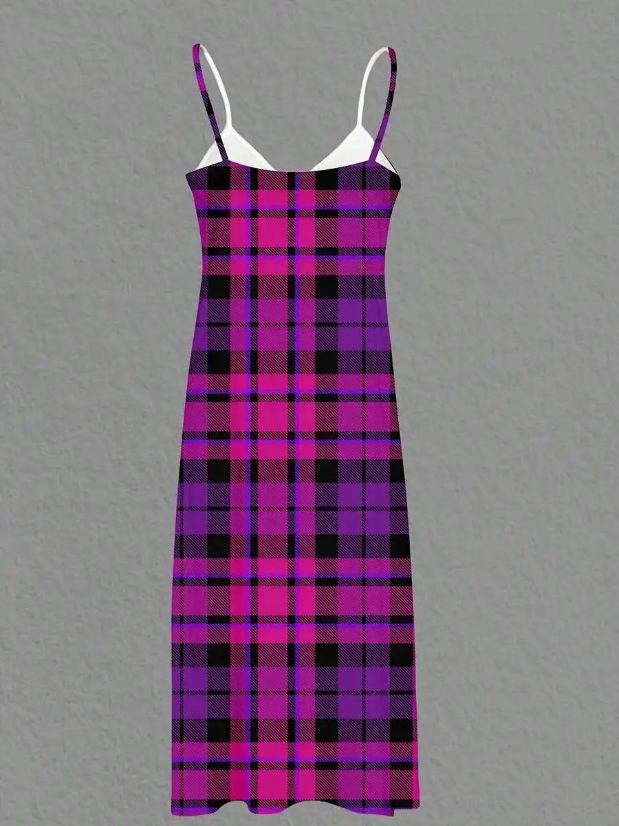 

Women Sleeveless Maxi Dress Purple Pink Black Plaid Print Summer Beach Vacation Outfit