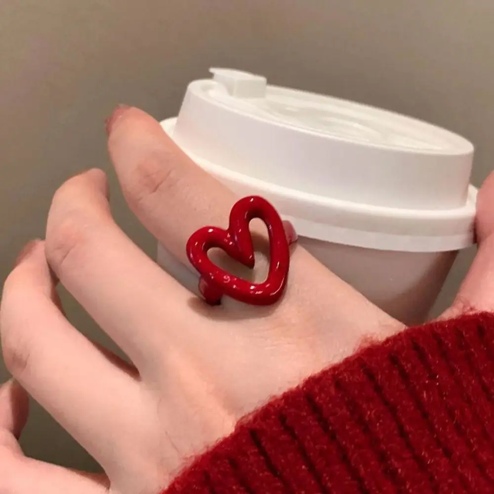 Trendy Metal Red Open Ring Enamel Heart Gift Adjustable Ring Elegant Y2K Opening Rings Jewelry Gift