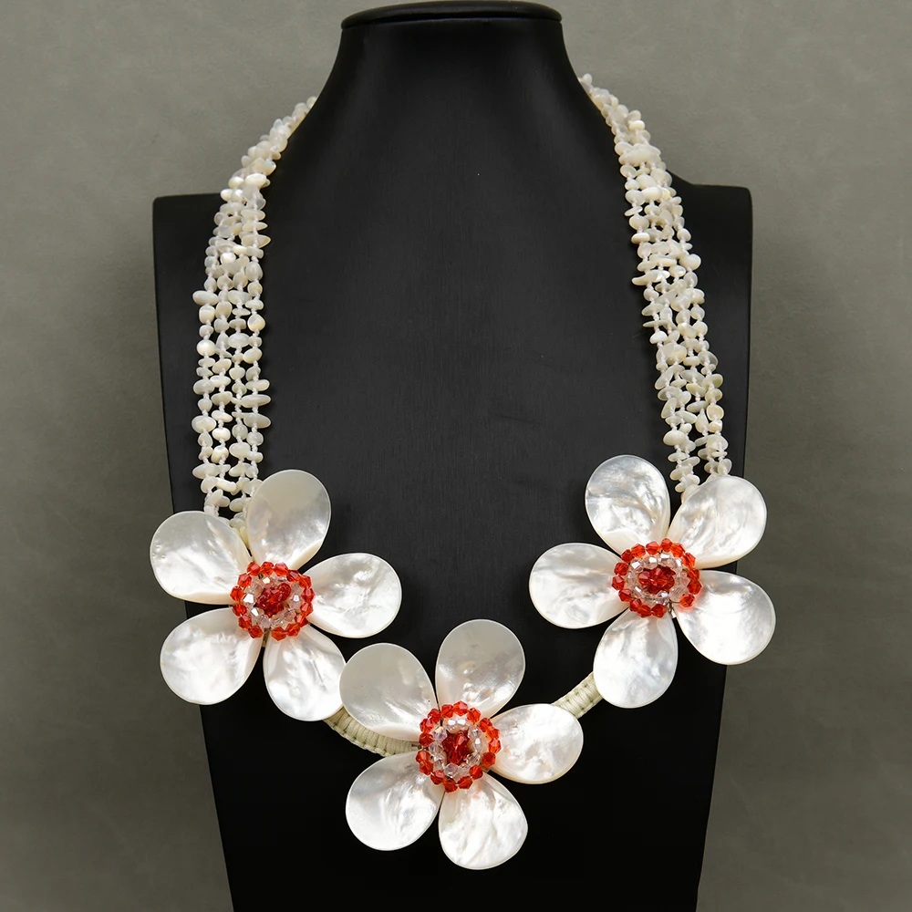 Handmade 4 Strands  Natural White Sea Shell Flower Red Crystal Mother Of Pearl Necklace Pendant For Lady