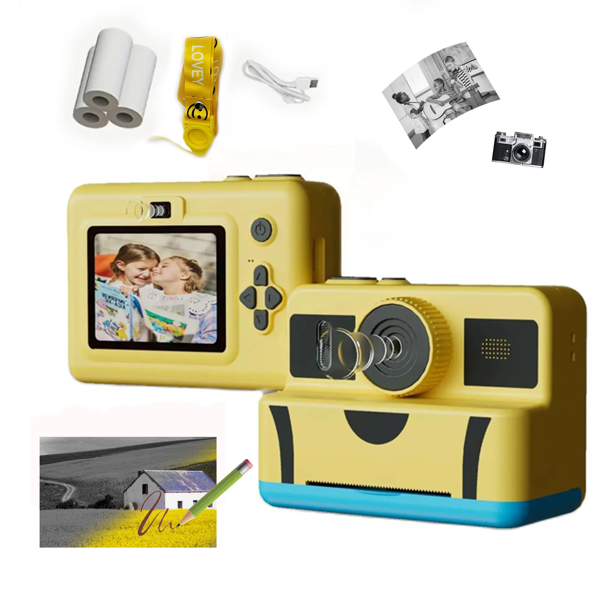 Kids Instant Thermal Camera with Video, Music & Educational Games, Yellow, USB Rechargeable, Great present