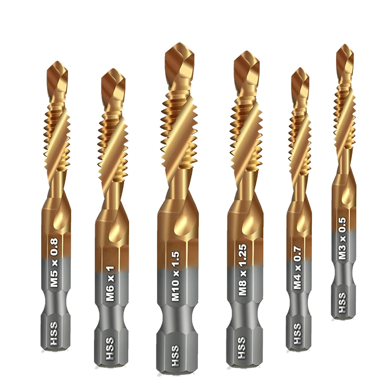 AMR Hex Shank Titanium Plated HSS Screw Thread Metric Tap Drill Bits Screw Machine Compound Tap M3 M4 M5 M6 M8 M10 Hand Tools