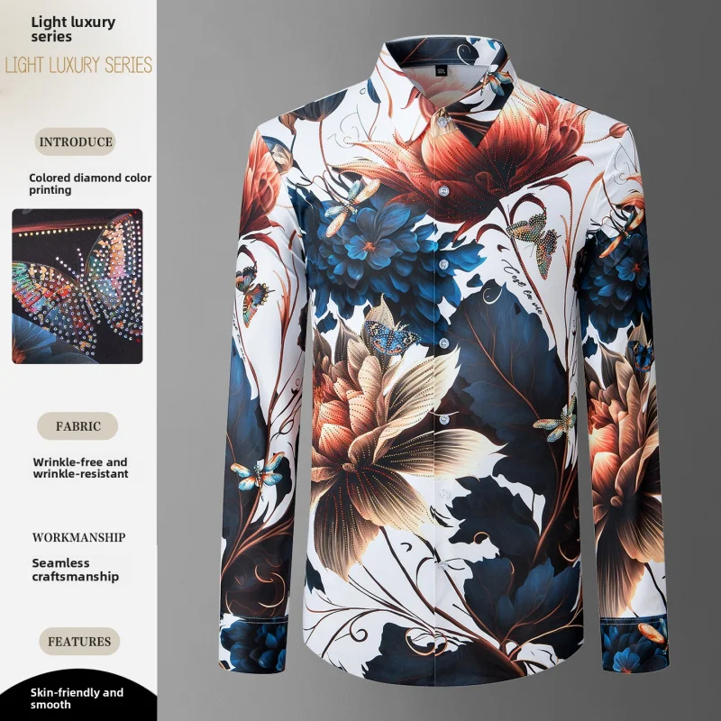 

Роскошная мужская рубашка с ринстонами и цифровой печатью, модная уличная одежда, не требующая глажки, премиальная рубашка без складок