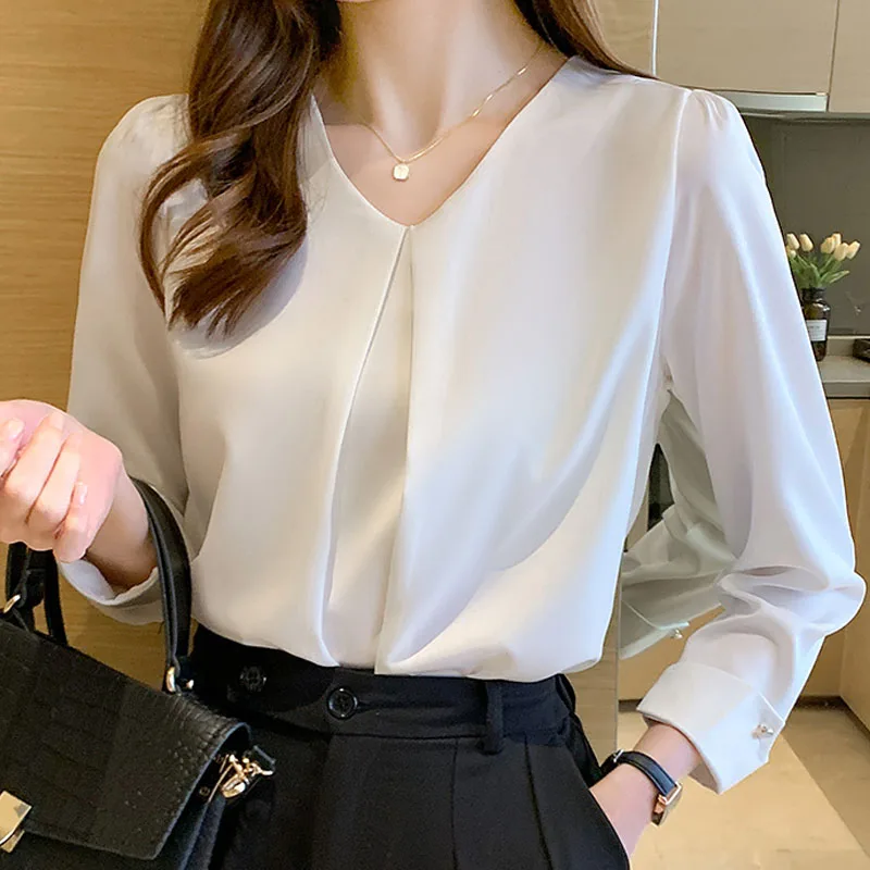 New Retro Pullover White Long Sleeve Solid Color Shirt Women's Simple Blue Tops and Blouses Chiffon Elegant Fashion Spliced Tops