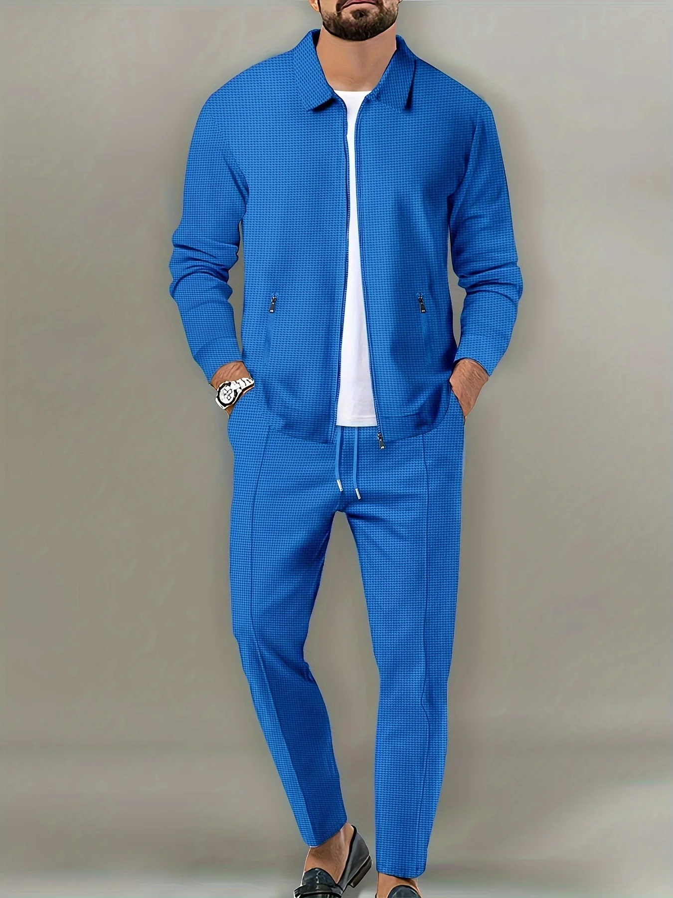 Men's Slim Fit Jacket with Zipper Pocket, Long Sleeved Sportswear, Cardigan Jacket Set, Long Pants, Elegant, two-Piece Set