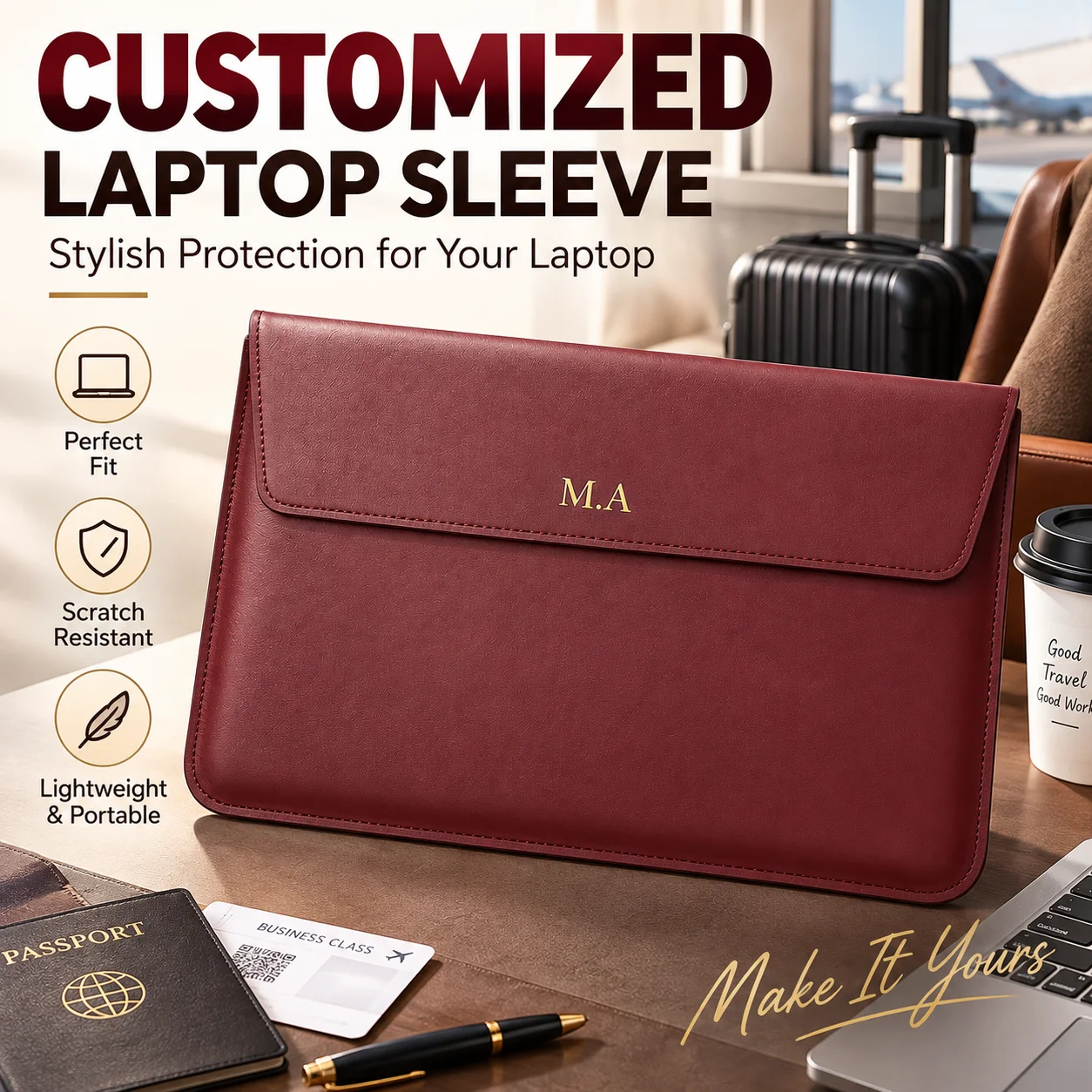 Personalized Custom Initials Leather Laptop Sleeve for MacBook Air Pro 13/15 Inch Notebook Protective Business Travel Case