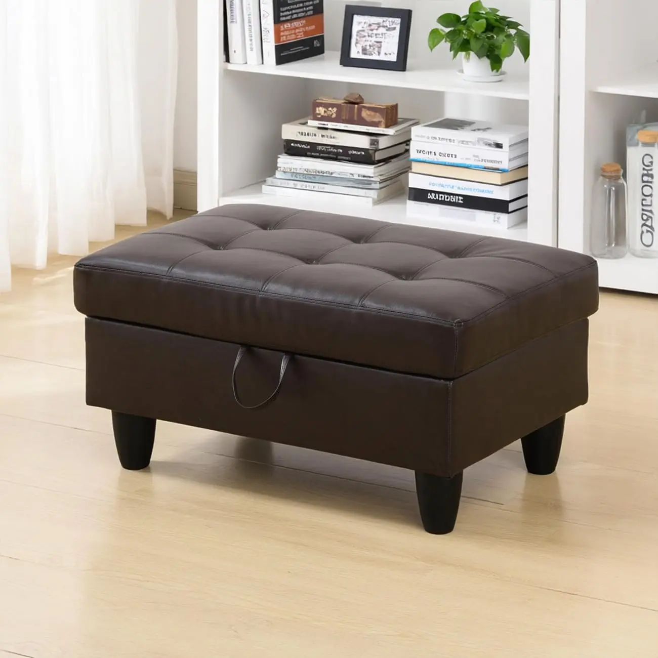 33.5 Inch Large Square Storage Ottoman Bench, Leather Footstool with Storage, Padded Foot Rest, Coffee Table Seat with Thick Cushion for Home Decor, Entryway, Living Room, Bedroom, RV Car, Loft, Brown