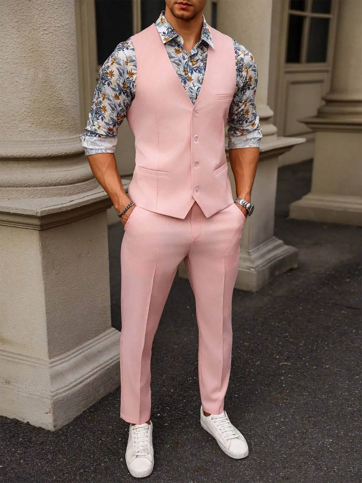 Pink Customized Mens Wedding Tuxedos Beach Groom Wear Dinner Prom Party Long Vest Pants 2 Pieces