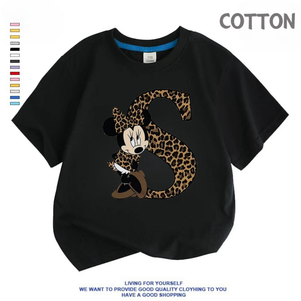 

Cotton Black Minnie role Letter ABCD Children T-shirt Disney Boy Clothes Girls Cotton Anime Casual Kid Short Sleeve Tops