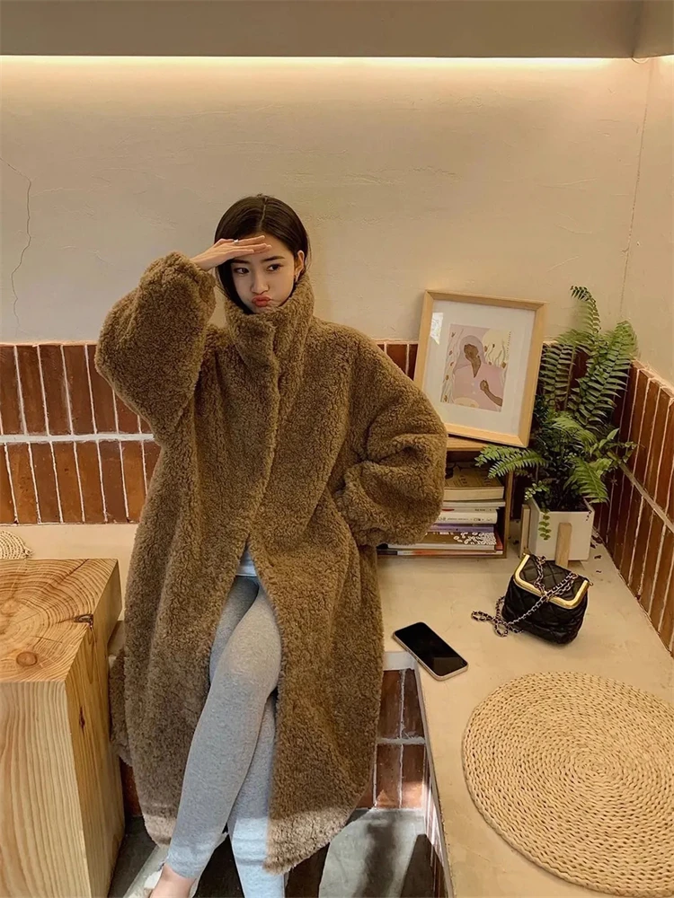 Thick Winter Lambwool Faux Fur Jackets Loose Warm Mid-length Coats Elegant Korean Plush Chaquetas Women Luxury Furry Overcoat