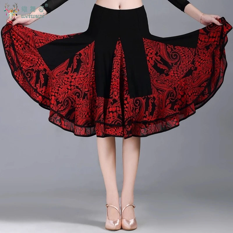 Dame Moderne Schaukel Rock Walzer Ballroom Dance Praxis Rüschen Langen Rock Frauen Ballroom Dance Halb Rock Gedruckt Lange Kleider