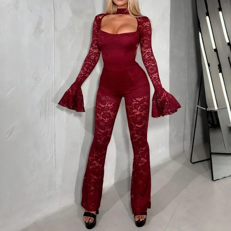 2026 New Fashionable and Sexy Hollow Flared Sleeve Lace Jumpsuit Trousers