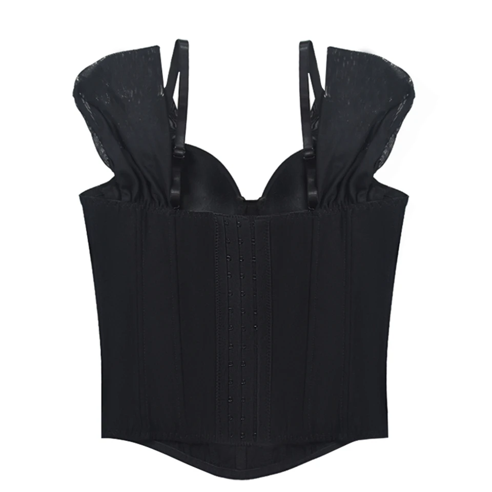 Becirzet Damen Schwarzes Korsett, Drahtloser BH, Sexy Off-Shoulder-Top, Vintage-Fischgrätenmuster, Taillenbetonendes Tanktop – Detail 15