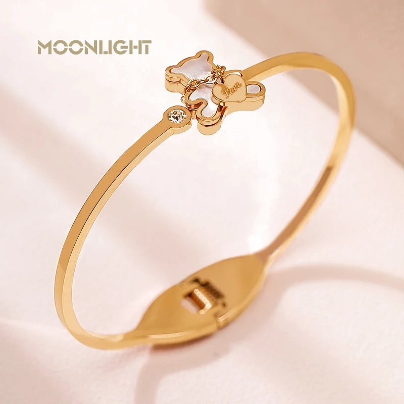 MOONLIGHT Women\'s Trendy Cute Teddy Bear Bangle Rose Golden Natural Shell Wristband Bangles Party Jewelry Chiristmas Gifts