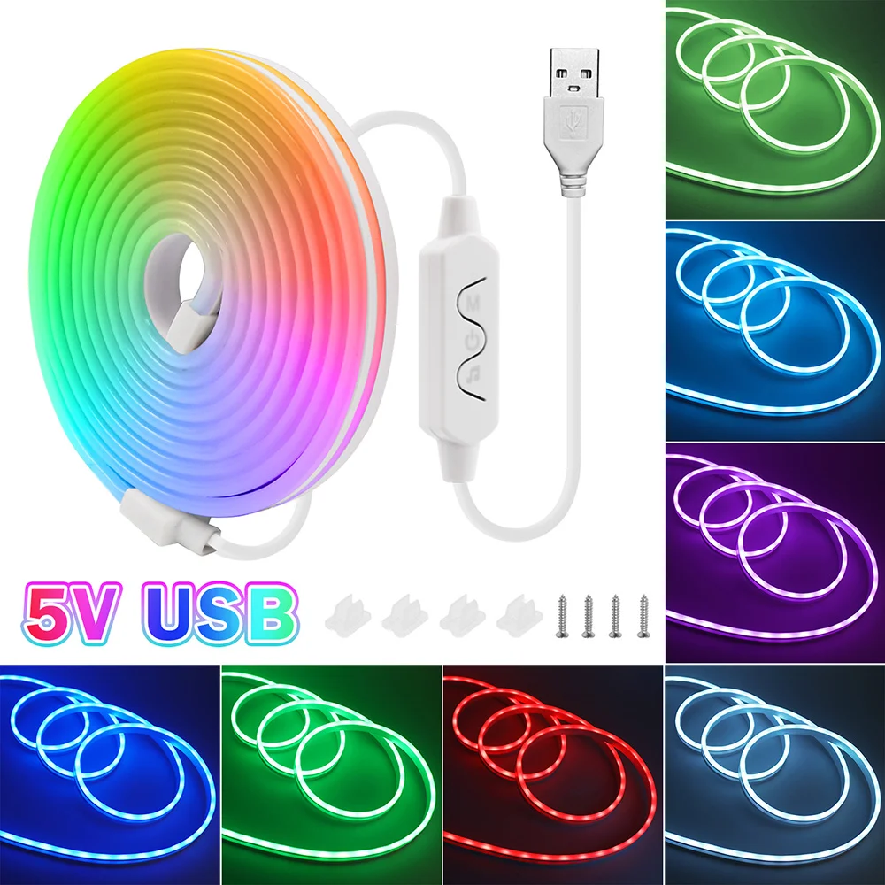 5V RGB LED Neon Strip 3Key Music Controller Kit USB Power Light 4x13mm 3535 60 LEDs/m Waterproof Flexible Lamp Home Decoration