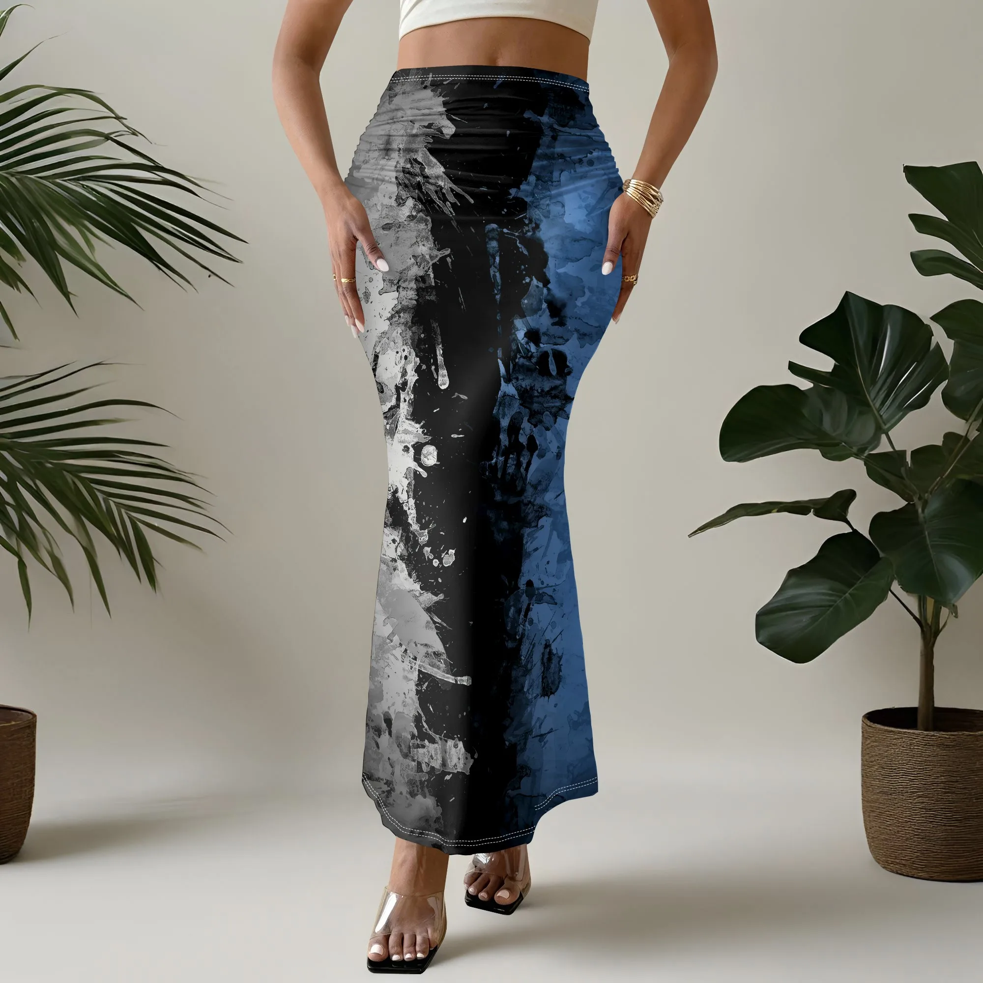 Abstract Art Print Mermaid Skirt, Blue Black Graffiti Pattern, Bodycon Long Skirt for Women Clubwear Party Night Out S-2XL