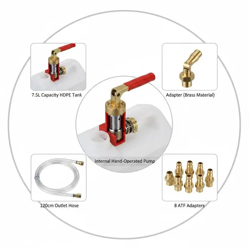 Pompe à fluide de transmission, capacité de 7,5 L, pompe manuelle de transfert de fluide avec 8 adaptateurs ATF et tuyau de sortie de 47 pouces, kit de remplissage ATF, extracteur de liquide avec réservoir en HDPE pour voitures, tondeuses à gazon
