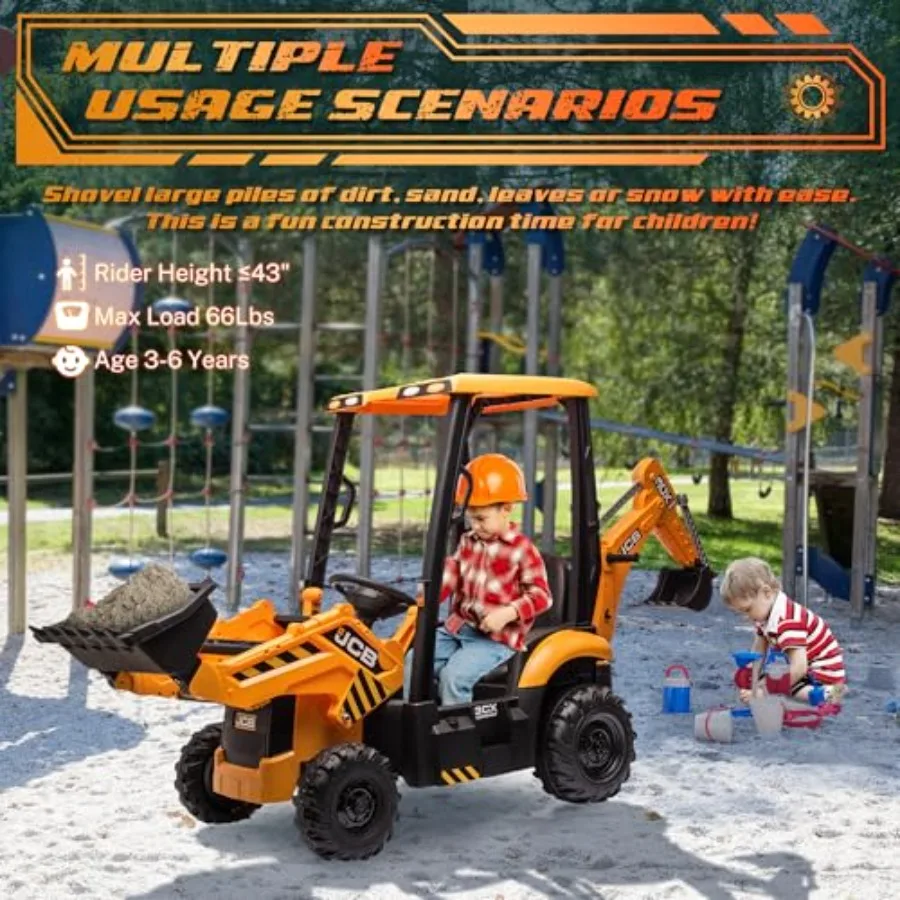 12V JCB Electric Backhoe Loader Toy Car for,Battery Powered Ride on Construction Vehicle Toys w/Front Loader and Excavator, Rem