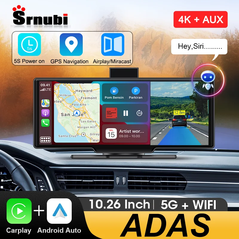 

ADAS Dash Cam 4K 10.26" Wireless CarPlay Android Auto GPS Navigation Video Recorder Front and Rear Dual Camera Monitor Park AUX