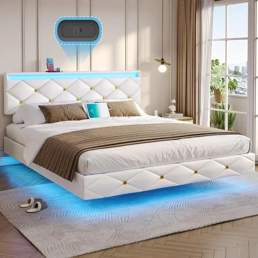 Floating Bed Frame Queen Size with LED Lights and Charging Station, Modern Queen Platform Bed with Vegan Leather Upholstered