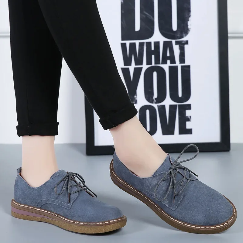 Autumn Winter British Style Suede Leather Shoes for Women Flat Heel Lace Up Casual Shoes Solid Soft Sole Single Shoes Zapatillas