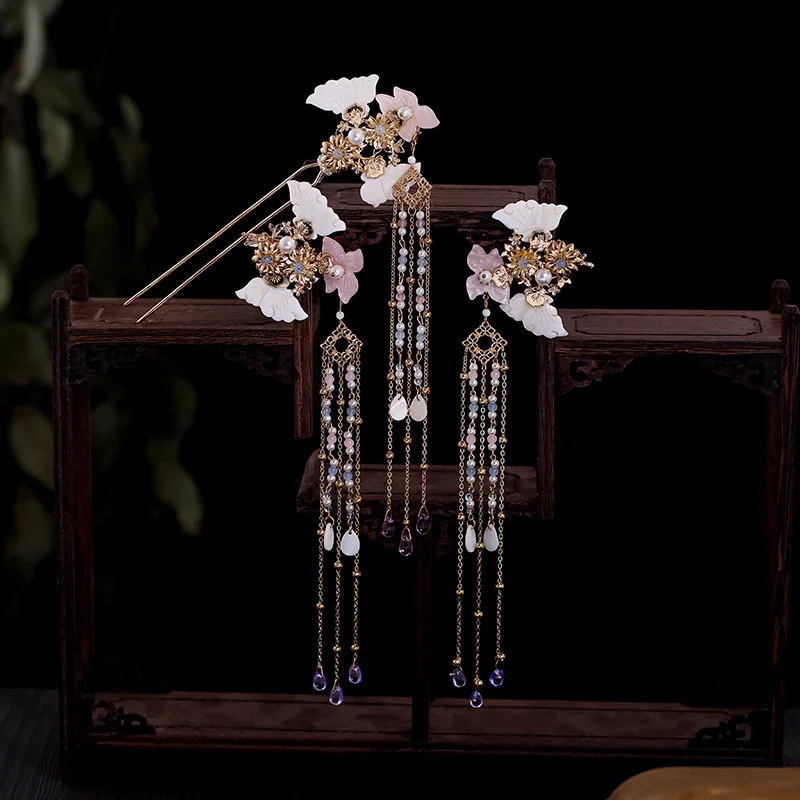 Chinese Xiuhe Shell Wings Headdress Fringe Ancient Style Hair Ornaments Flower Hair Clasp Set Xiuhe Clothing Accessories