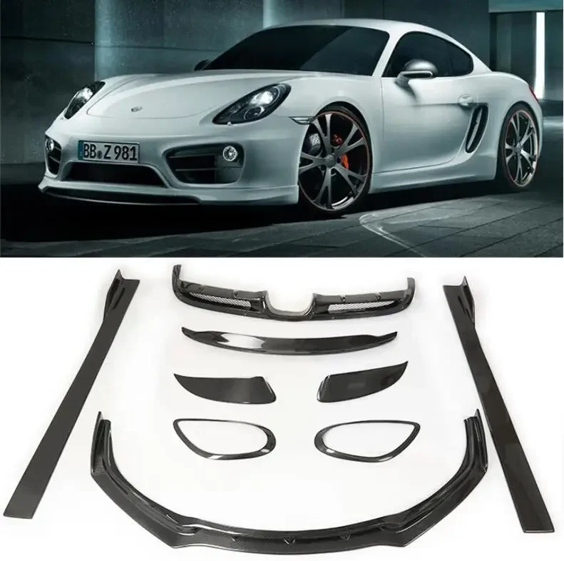 Front Bumper Lip+Rear Spoiler+Trunk Diffuser Cover +Side Body Skirt For Porsche Cayman 981 GT4 2013-2015 Carbon Fiber