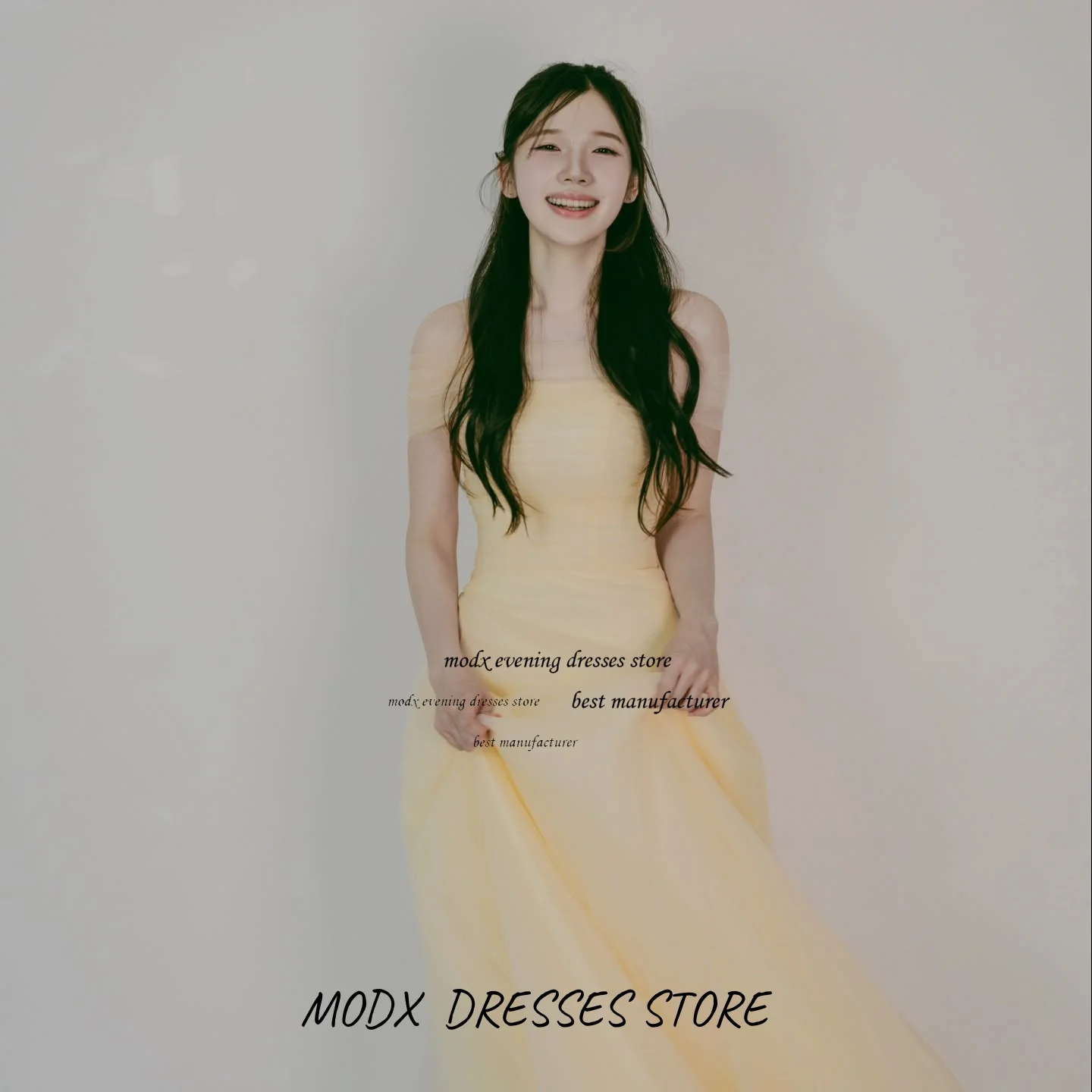 

MODX Customized StraplessTulle Korea Evening Dress A line Corset Yellow Off Shoulder Wedding Photo Shoot Dress 웨딩드레스