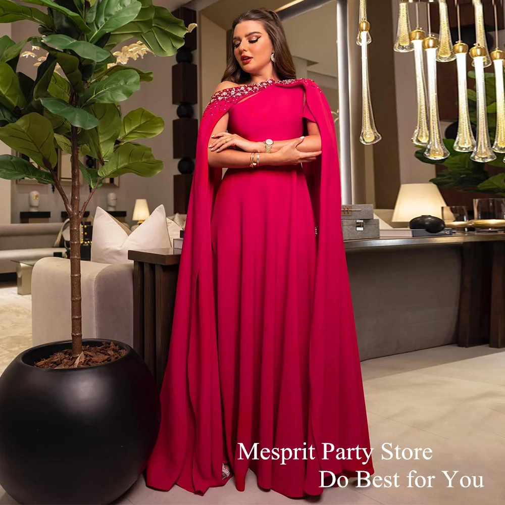 

New Arrival 2024 Evening Dress with Cape Luxury Beading Sequined A Line Foor Length Fuchsia Prom Dresses Saudi Arbic Party Gown