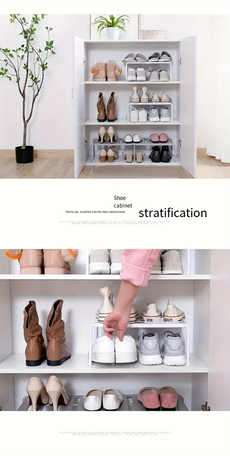 Verstellbares Schuhregal aus Kunststoff, mehrstufiger Aufbewahrungsorganisator, platzsparend, für Turnschuhe, Hausschuhe, Zuhause, Wohnheim, Schrank, Weiß, Grau, modern – Detail 3