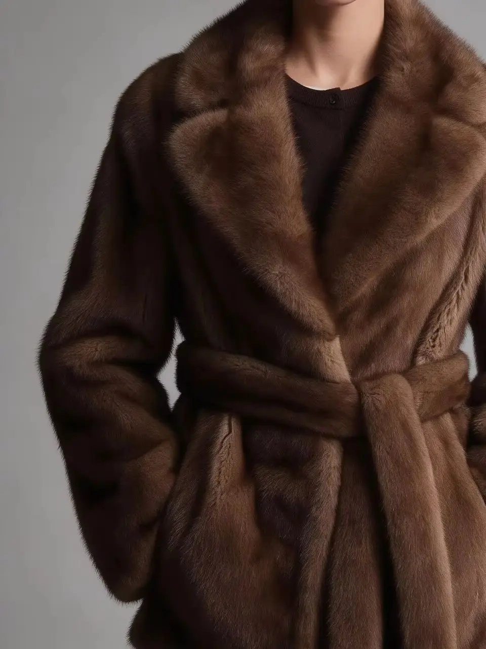 IG 2026 Women Notched Lapel Belted Waist Faux Mink Fur Jacket Loose Long Sleeve Luxury Elegant Winter Daily Party Outerwear