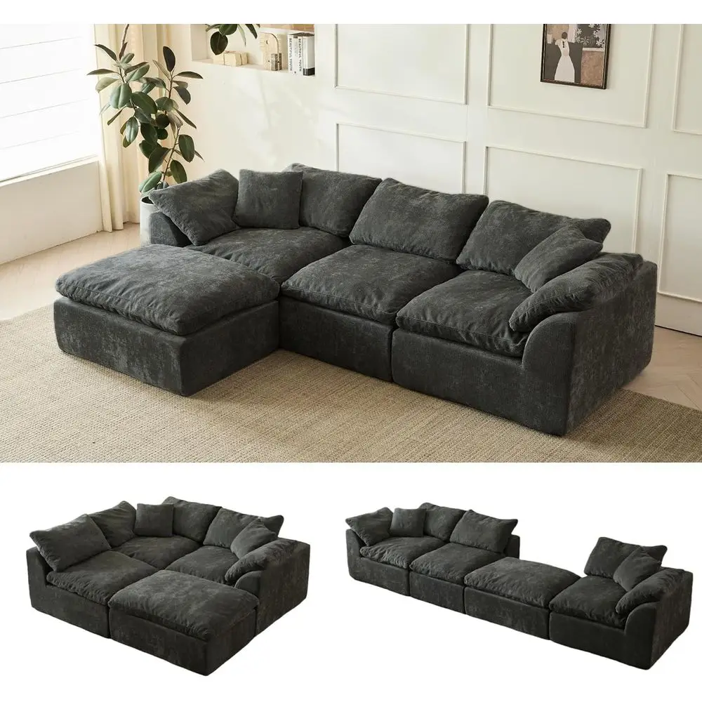 

109 L-Shape Sectional Couch with Ottoman, 3 Seater Sofa Bed, Black