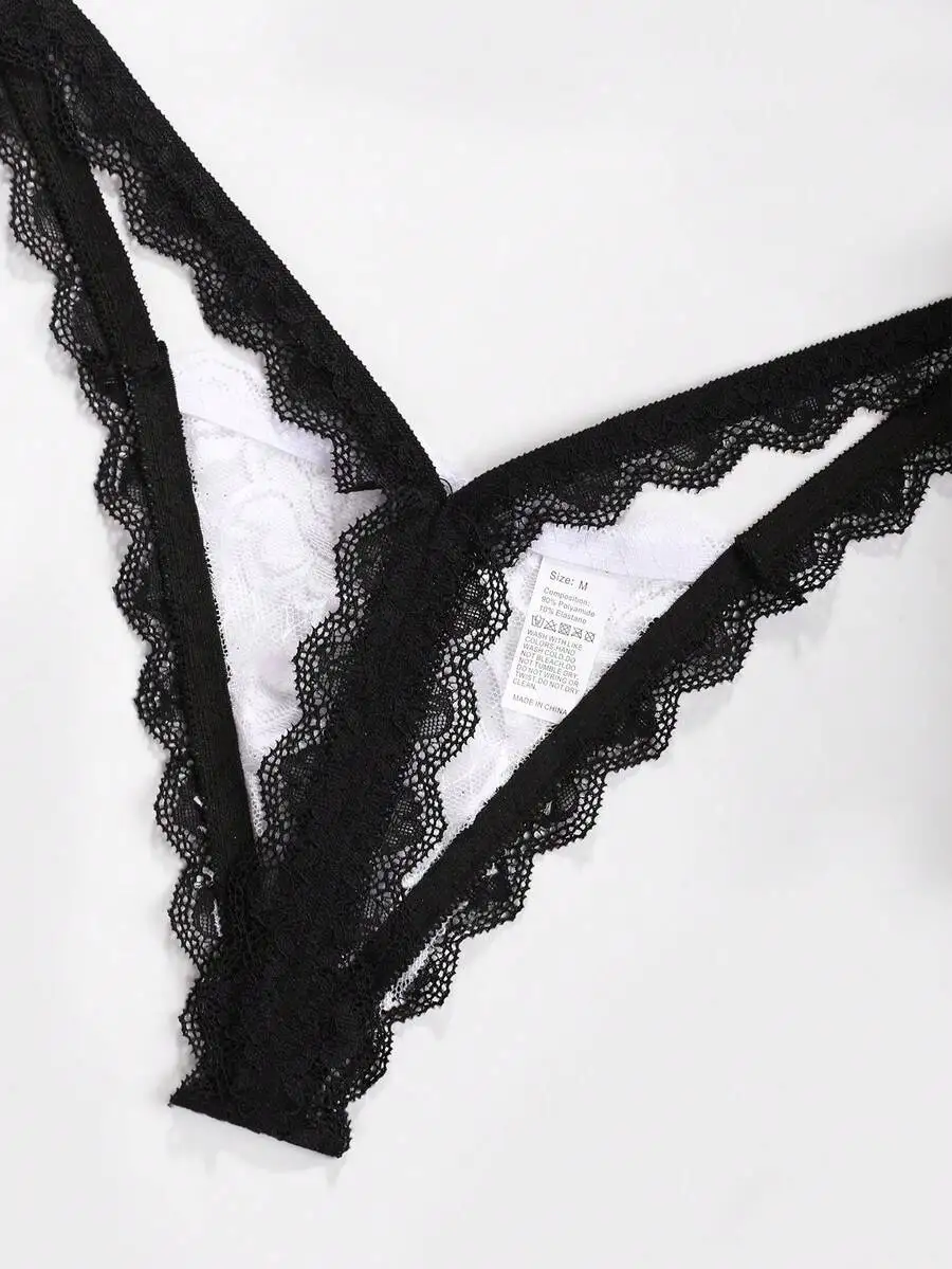 Mens French Lace Thong Briefs Low Rise Black White Color Block