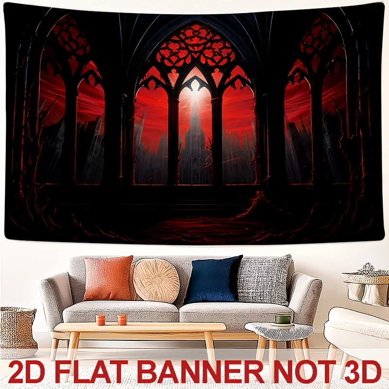 Aesthetic Tapestry Bedroom Tapestry 2D plane, 2D plane printing, medieval Gothic castle window tapestry, vampire blood moon wall