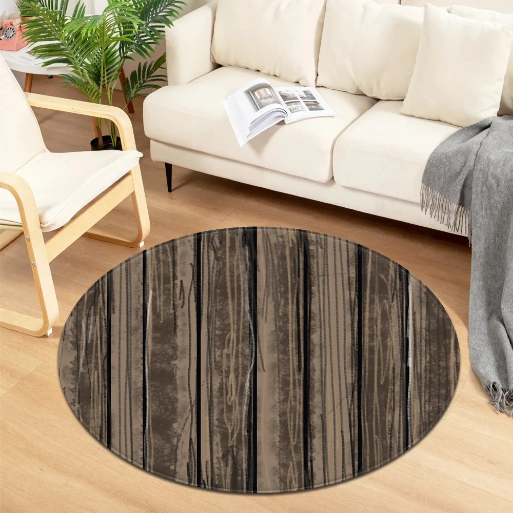 Wooden Pattern Round Area Rug – Soft Chenille Anti-Slip Circle Carpet for Living Room, Bedroom, Bathroom Floor Decor