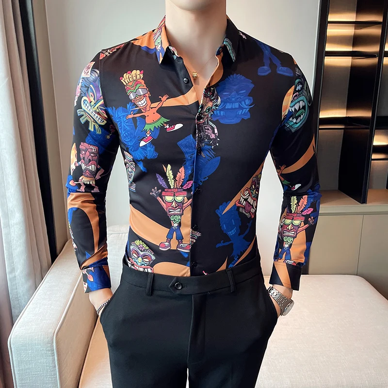 2022 New High Quality Men Hawaiian Style Casual Multi-color Print Travel Shopping Retro Ethnic Style Long Sleeve Slim Shirt