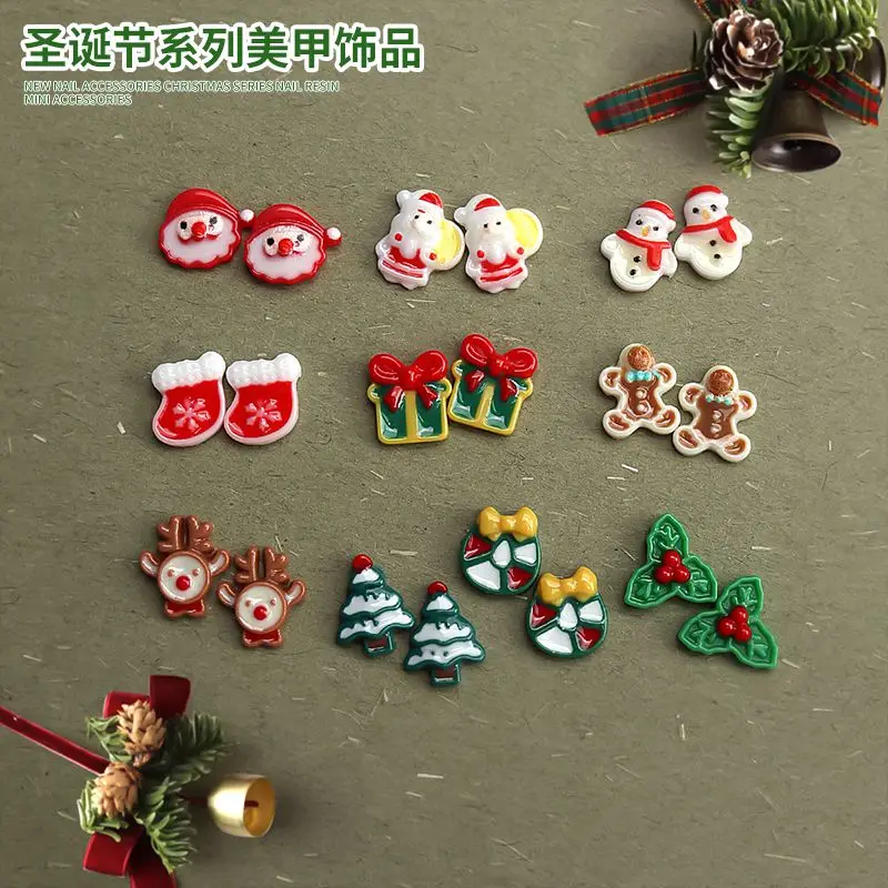 100pcs/lot Cute Cartoon Christmas Tree Snowman Santa Claus Resin Jewelry Nail Art Decorations Nails Accessories Charms Supplies