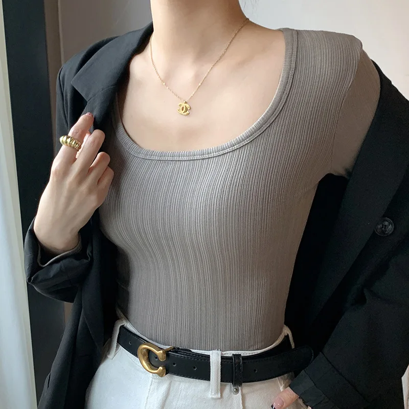 Long Sleeve T-shirts Women Square Collar Slim Fit Solid Simple Spring Korean Fashion Basic Elegant Ladies Trendy Clean Fit Tops